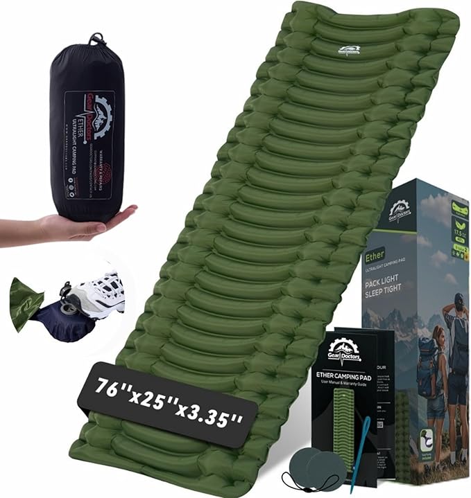 Gear Doctors® Ether 17.5oz Ultralight Camping Sleeping Pad – Backpacking Air Mattress – Camping Mattress Pad – Compact Inf...