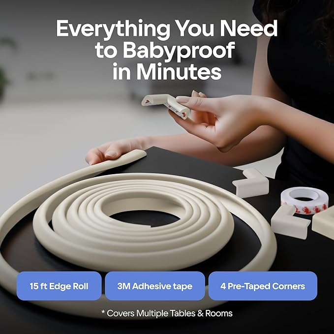 Furniture Edge 16.2ft & Corner Guards | Protective Foam Cushion | 15ft Bumper 4 Adhesive Childsafe Corners | Baby Child Proofing Foam Set and Safe for Table, Fireplace, Countertop | Brown