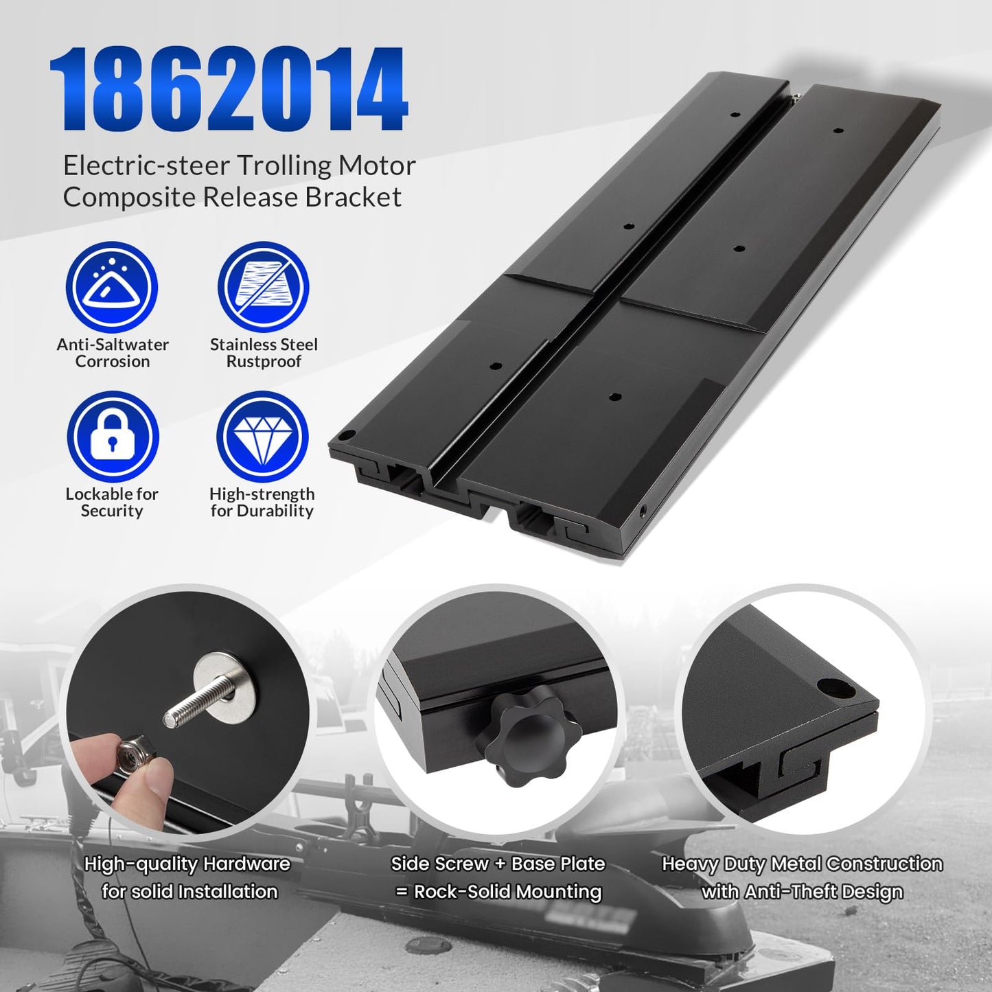 1862014 MKA-42 Quick Release Bracket, for Minn Kota Ultrex, Fortrex, Maxxum, Edge Trolling Motors, Electric-Steer Trolling Motor Composite Release Bracket, Black