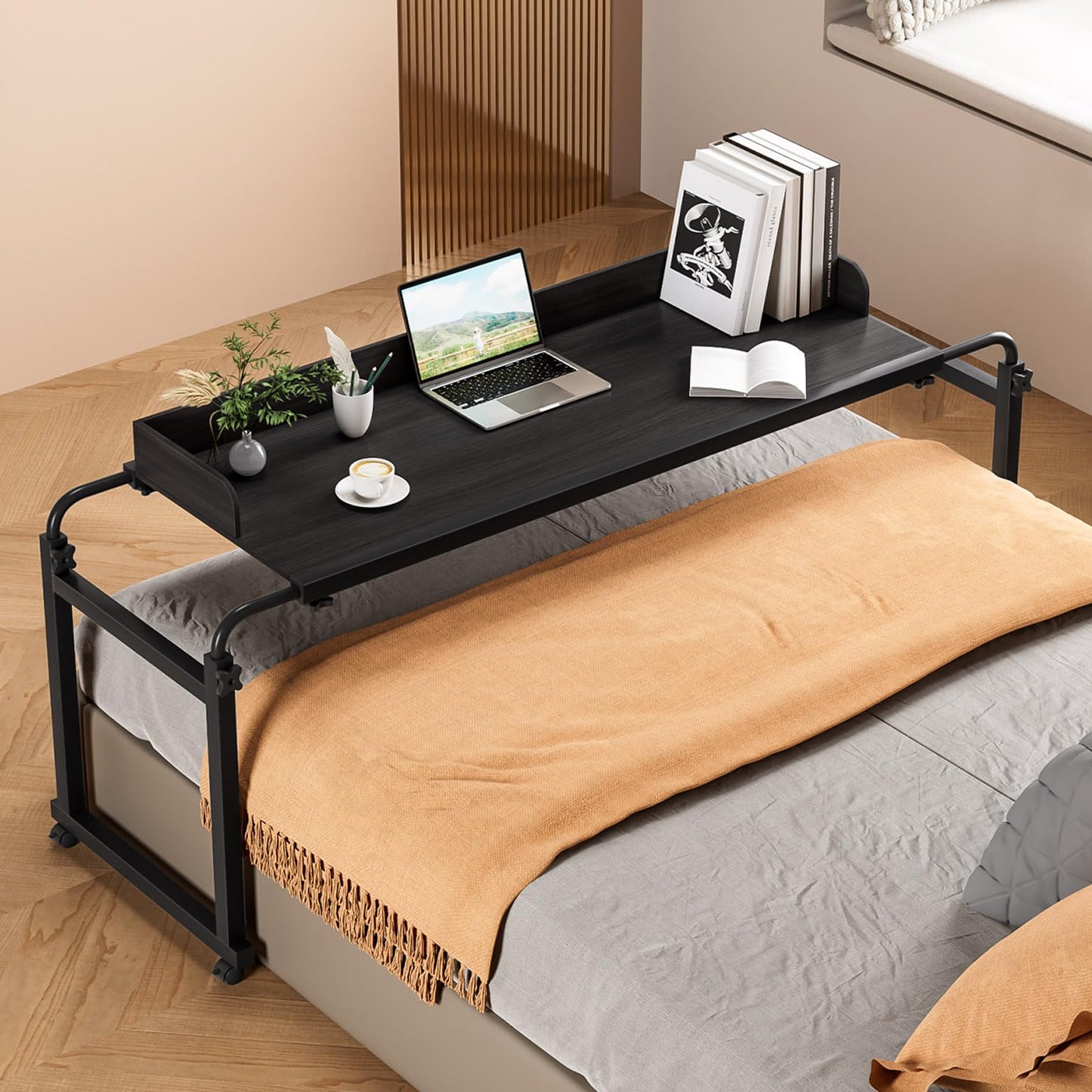 Smalibal Overbed Table with Wheels, Modern Style, Over Bed Desk with Various Height Adjustable and Raised Baffle for Home Office Bedroom Hospital Workstation, 20KG Weight Capacity Matte Black