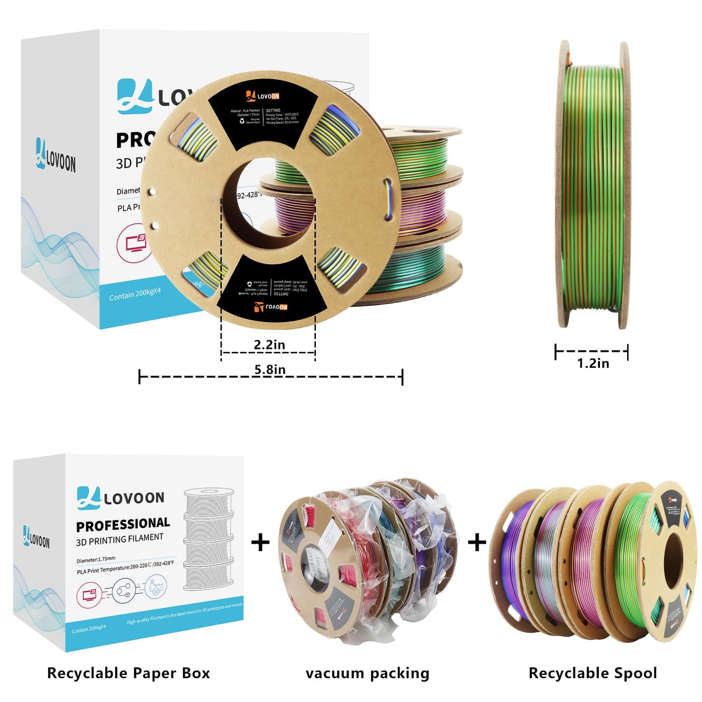 LOVOON 3D PLA Filament 1.75mm Bundle, Tricolor 3D Printer Filament Bundle, Rainbow Silk PLA Filament Bundle, PLA Filament for 3D Printer 3D Pen, Dimensional Accuracy +/-0.02mm, 200g x 4 Spools