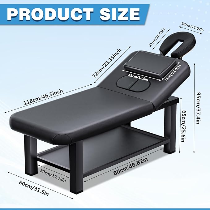 Stationary Massage Table with Hight Adjustable Backrest for Treatment, 4'' Thickened Memory Foam PU Leathe Load 1500 Lbs Professional Premium Metal Spa Bed Table with Storage for Physical Therapy