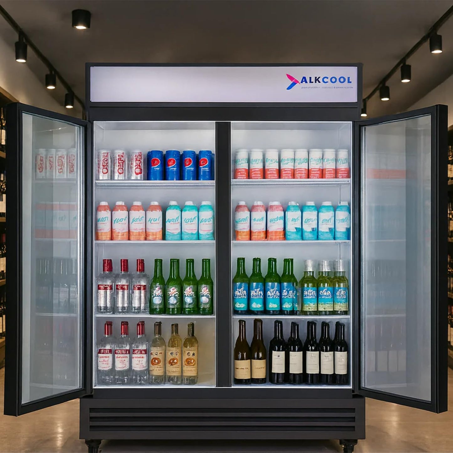 NAFCOOL Commercial Beverage Refrigerator Display Fridge,Two Glass Door Upright Merchandiser Drink Cooler with LED Light Adjustable Shelves,46 Cu Ft,ETL Sanitation,(Wheels Not Included)