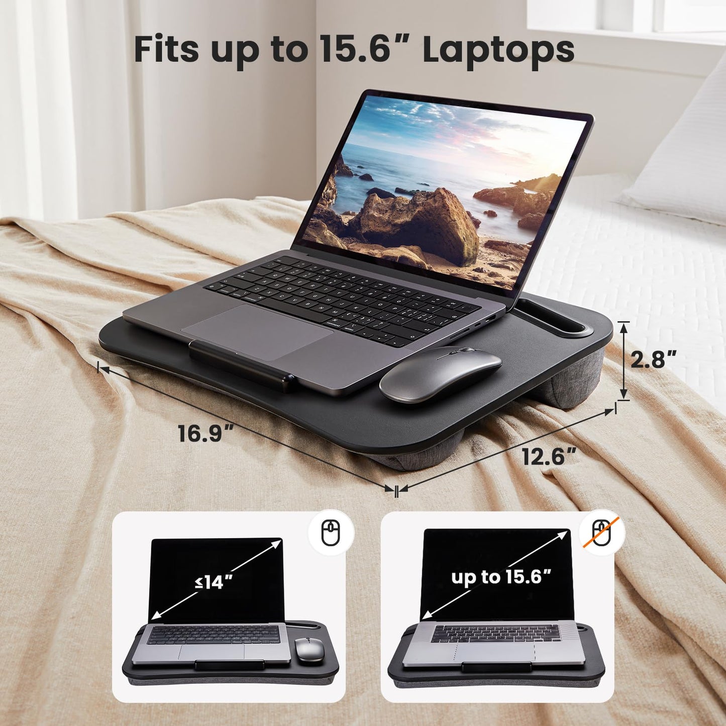 HUANUO Laptop Lap Desk, Fits up to 15.6-Inch Laptops and Tablets, Portable Lap Desk with Cushion, Phone Holder and Storage Bag, Black Lapdesk for Home Office or Dormitory