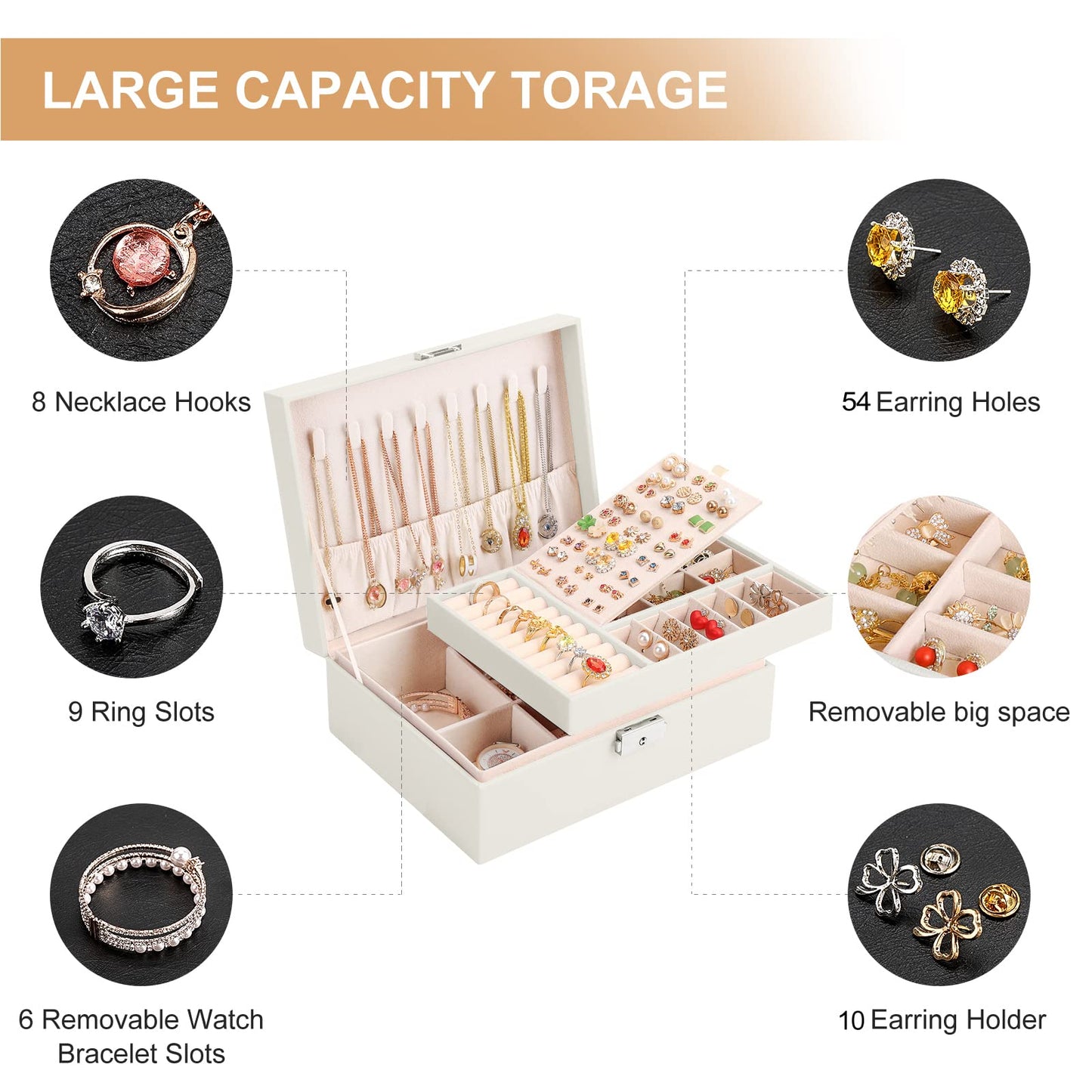 Jewelry Box Organizer for Women Girls 2 Layer Leather Travel Jewelry Storage Case with Lock and Removable Tray for Necklace Earr