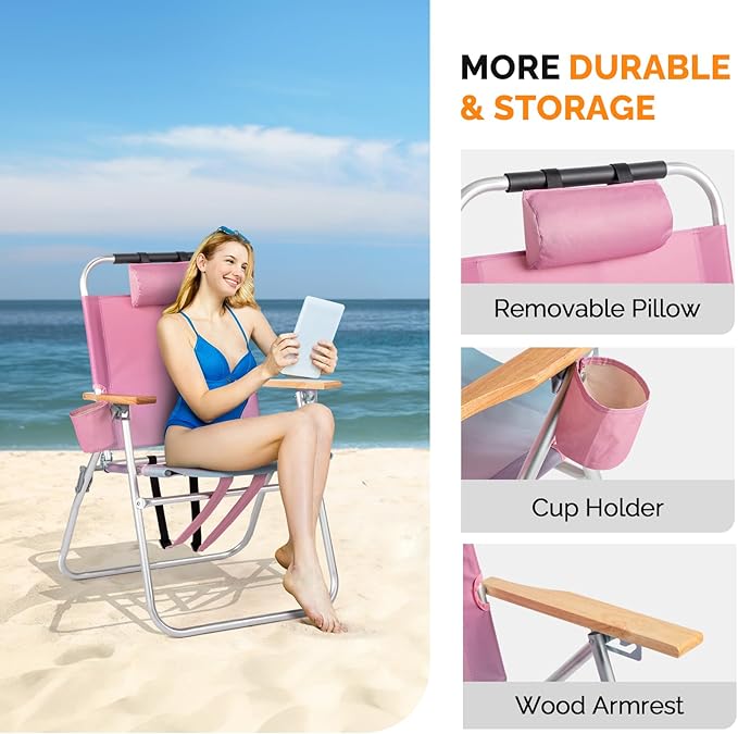 VINGLI Aluminum Backpack Beach Chair – Tall Beach Chairs for Adults, Portable with Adjustable Straps, 3-Position Reclining, Cup Holder, High Lightweight Beach Chairs for Beach (Pink, 17" High)