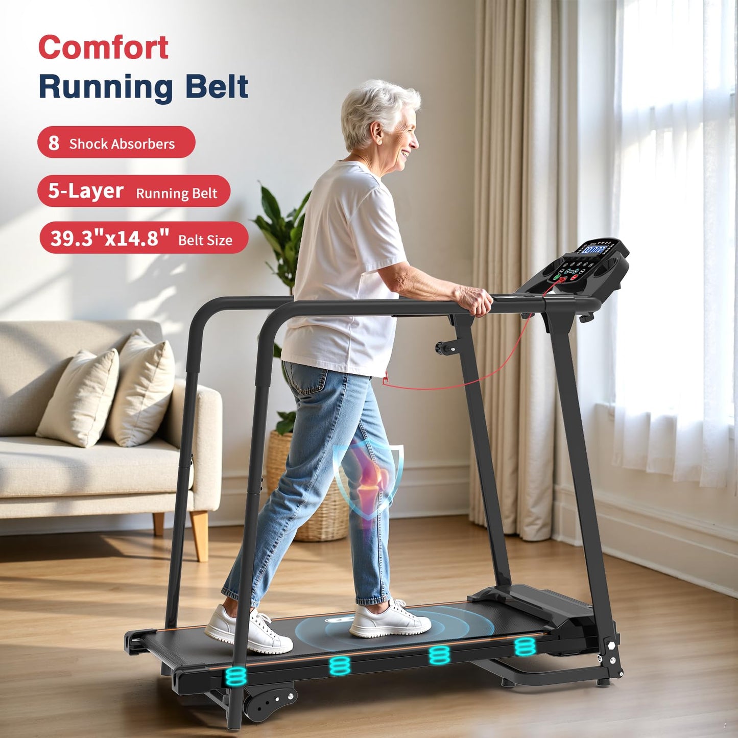 Redliro Treadmill for Seniors with Long Handrails - Foldable Walking Treadmill for Home Small, 300 lbs Capacity, 0-2% Incline, Auto Lube, Mute & Quick Speed Button, Elder Recovery, Cup & Phone Holder