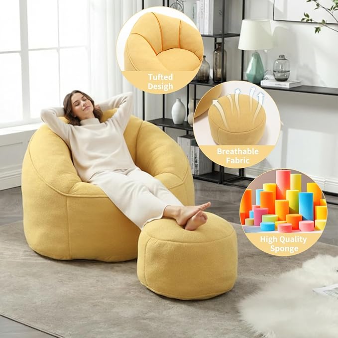 Bean Bag Chairs, Gaint Bean Bag Couch with Memory Foam for Adults and Kids, Microfiber Upholstered Sofa with Ottoman, Comfy Lazy Bean Bag Reading Chair for Living Room