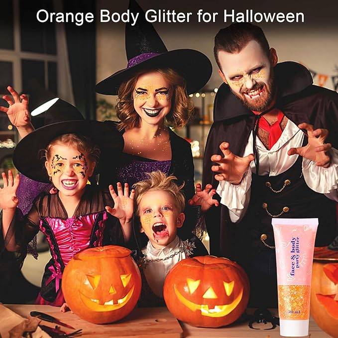 MEICOLY Orange Face Body Glitter,Sparkling Hair Face Glitter Gel,Mermaid Sequins Face Paint Glitter Autumn Makeup,Halloween Festival Rave Accessories Makeup,Party Body Glitter Gel for Women Kids,50ml