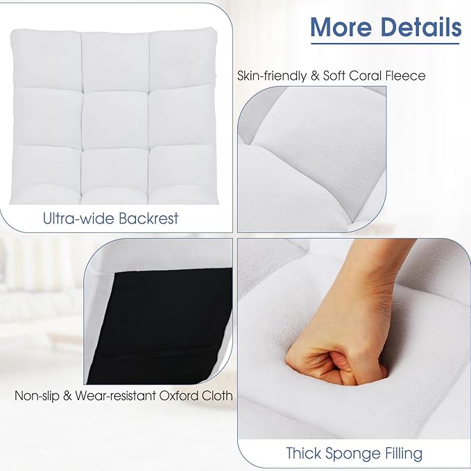 MAT EXPERT 14-Position Floor Chair, Floor Gaming Chair w/Soft Coral Fleece, Alloy Steel Frame, Padded Lazy Couch Recliner, Floor Chair w/Back Support for Reading, Meditating (White)