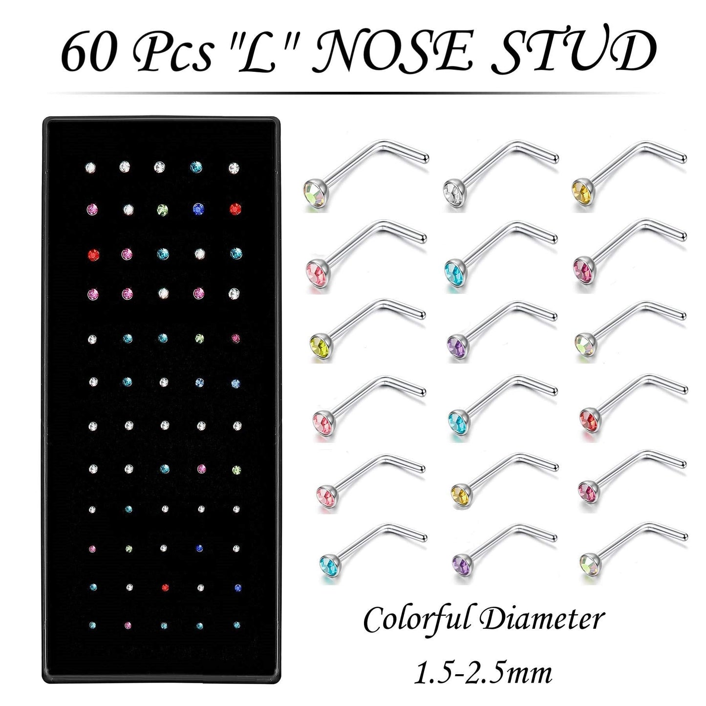 3 Sets 160 Pcs Stainless Steel Nose Piercing Jewelry, L Shaped Nose Rings & Studs, Colorful Hoops for Women & Men, 1.5/2/2.5mm,