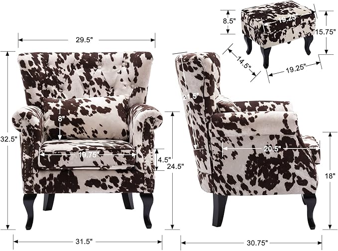 DM Furniture Set of 2 Mid-Century Modern Accent Chair with Ottomans, Velvet Armchair w/Tufted Back/Wood Legs, Upholstered Lounge Arm Chair Single Sofa for Living Room Bedroom, Cow Print