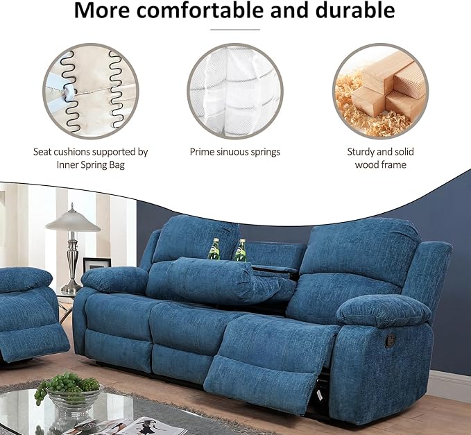 A Ainehome Living Room Furniture Set Leather Recliner Sofa Set Loveseat Chair Furniture Sofa Set for Living Room/Small Space/Rv/House/Office/Theater Seating (A-Blue Microfiber, Sofa(3seater))