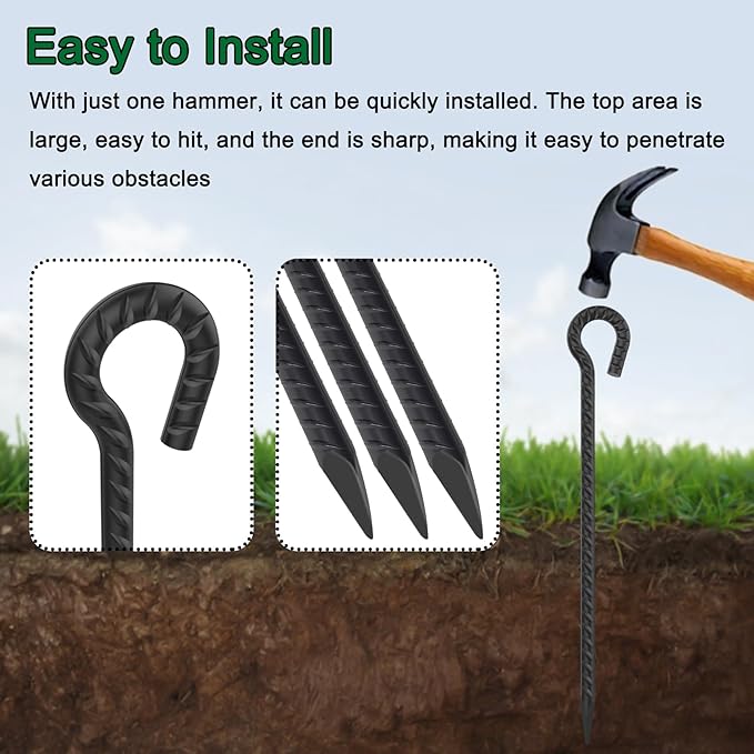 EUOKOK 16 Inch Rebar Ground Stakes with Loop 1/2 inch Diameter Steel Tent Stakes (12 pcs), Heavy Duty Tree Stakes and Supports, Dog Tie Out Stakes, Metal Spikes for Outdoor Camping and Yard, Black