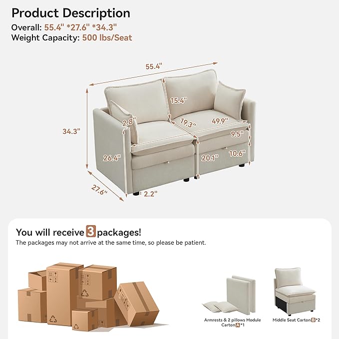 55" Cloud Modern Loveseat Sofa with Storage, Sectional Modula Small Sofa Love Seat Couch，Chenille 2 Seater Comfy Couch with Armrests for Living Room, Small Space, Beige