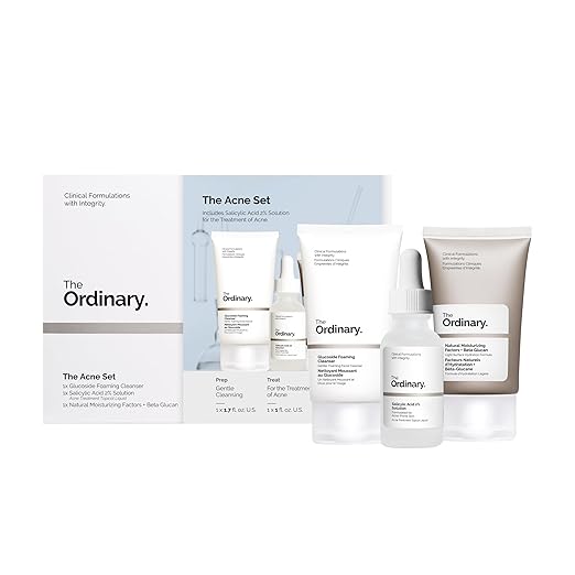 The Ordinary The Acne Set, 3-Step Skin Regimen with Glucoside Foaming Cleanser, Salicylic Acid 2% Solution, and Natural Mo...