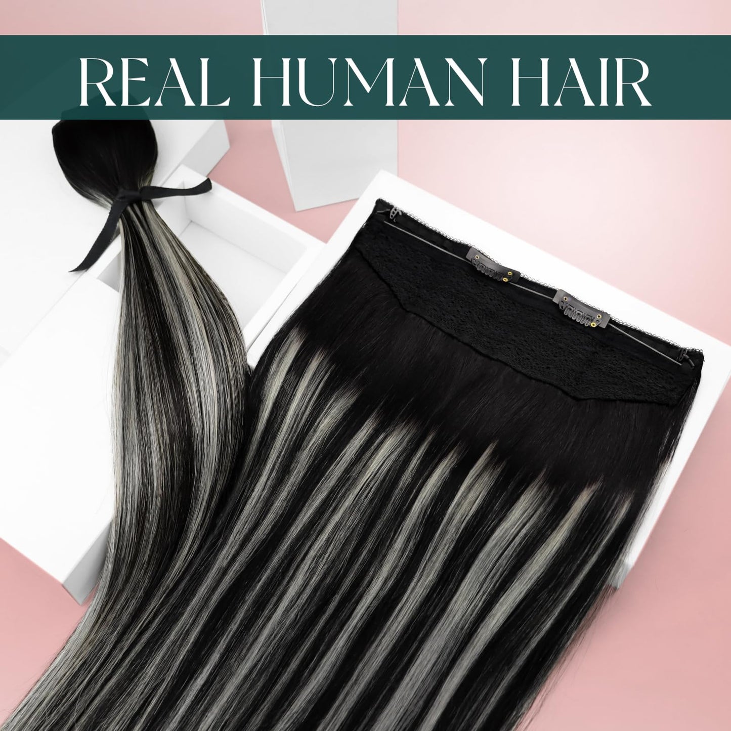 Easyouth Wire Human Hair Extensions Ombre Wire Hair Extensions Real Human Hair Black Balayage with Silver Fish Line Hair Extensi