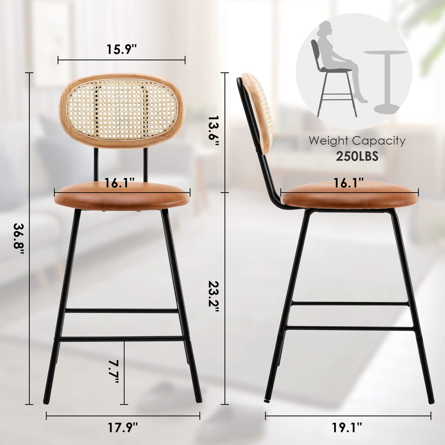 Counter Stools Set of 4, Bar Stools, Indoor Metal Counter Height Barstools for Home, Faux Leather Counter Stool with Rattan Backrest
