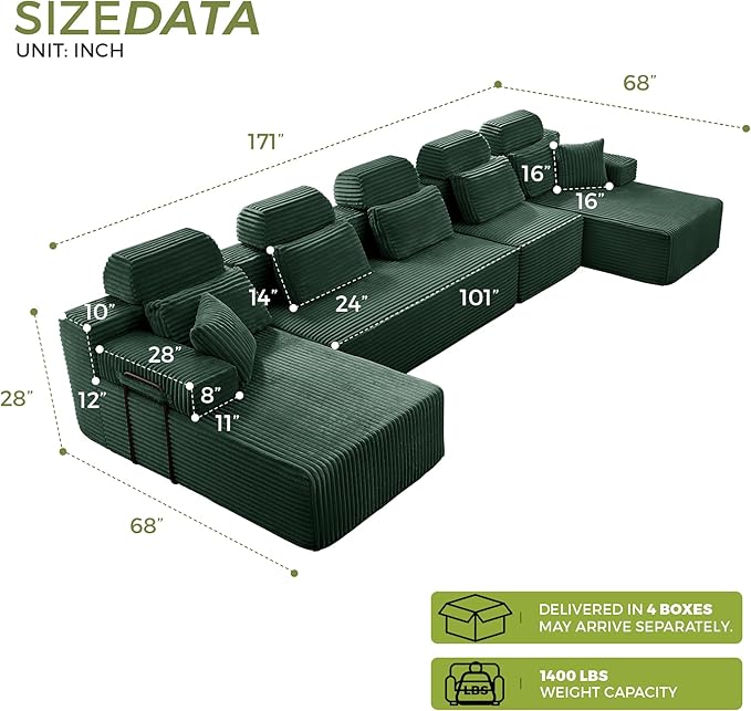 171" U-Shaped Cloud Modular Sectional Sofa with Chaise & Headrest, Boneless Deep Seat Plush Corduroy Couches for Large Living Room, No Assembly Required (Green, 171" U-shapred Chaise)