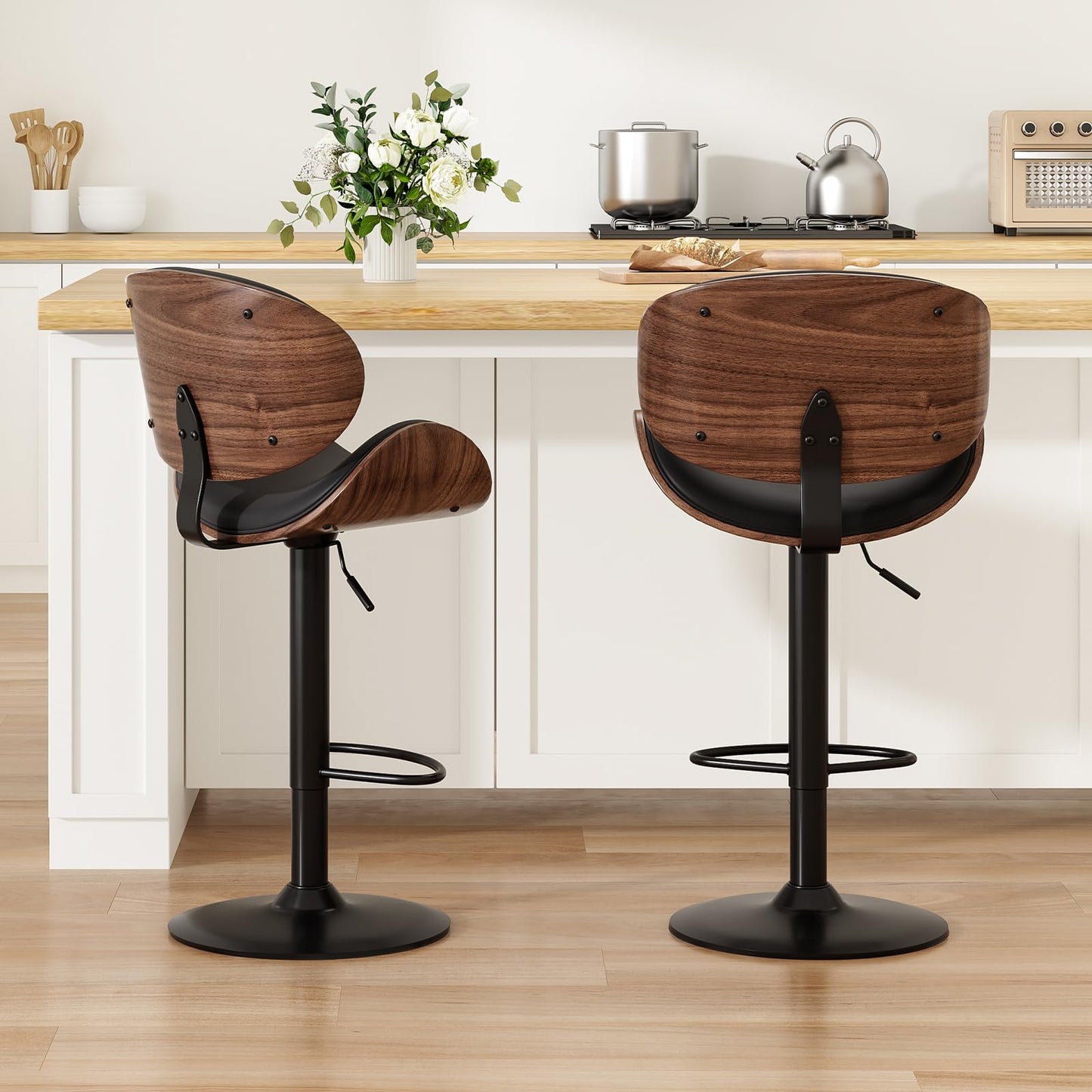 Farini Swivel Bar Stools Set of 2 Adjustable Height Bentwood Barstools with PU Leather Upholstered Seat, Backrest and Footrest,Modern Kitchen Counter Chairs for Bar, Dining Room,Black