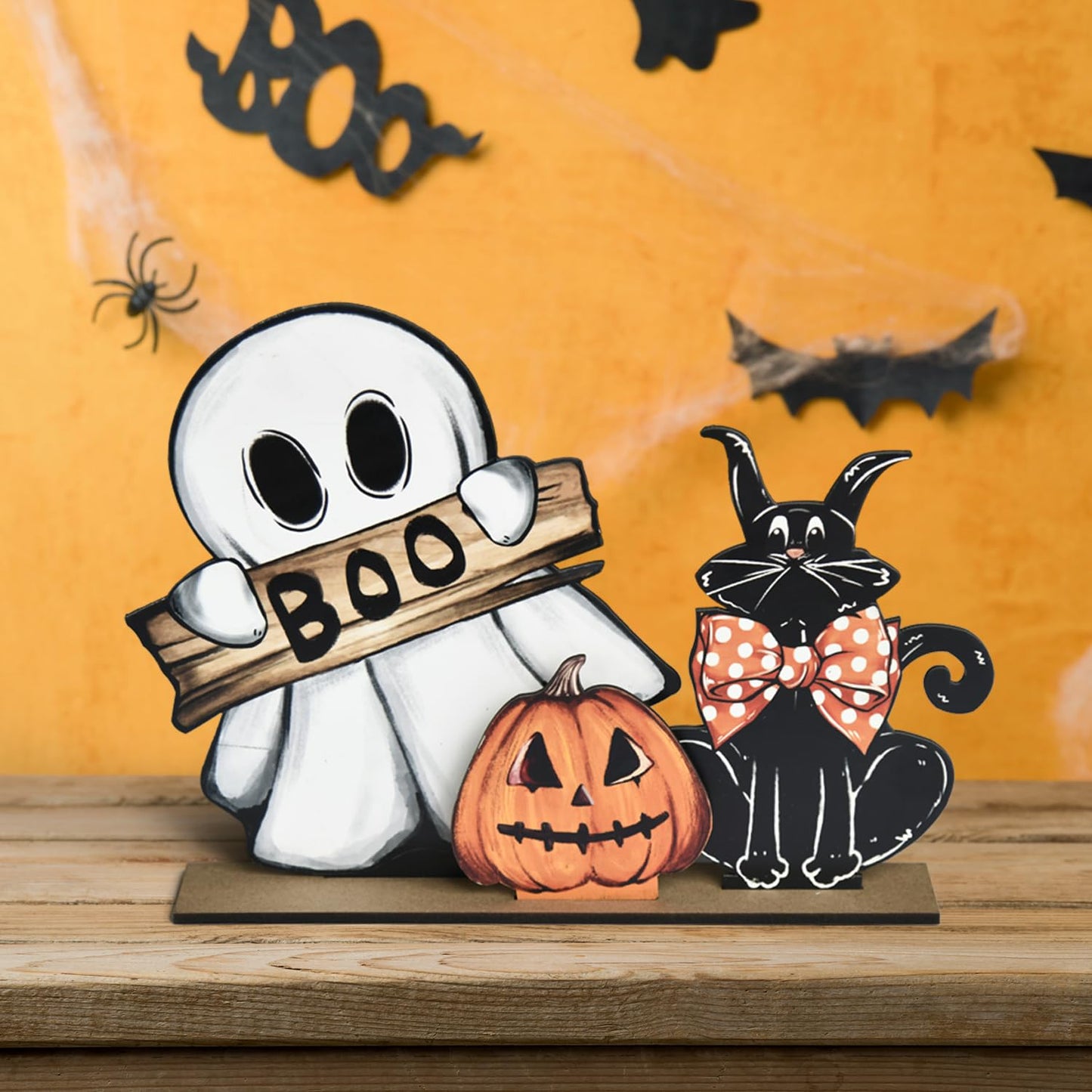 Smile Happy Halloween Wooden Table Decoration, Pumpkin Ghost Boo Black Cat Standing Centerpieces, Indoor Decor for Desk Shelf and Party