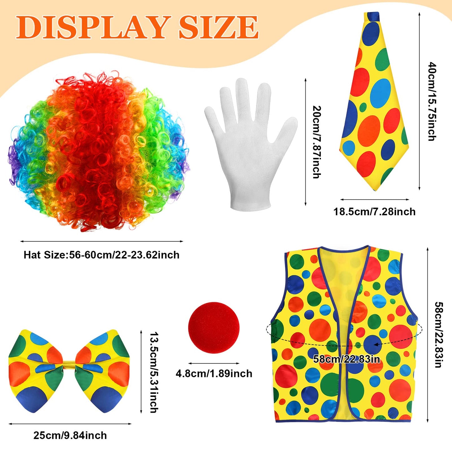 Funtery 12 Pcs Clown Costume Set - Clown Nose, Vest, Wig, Bow, Tie, White Gloves for Circus Cosplay Party