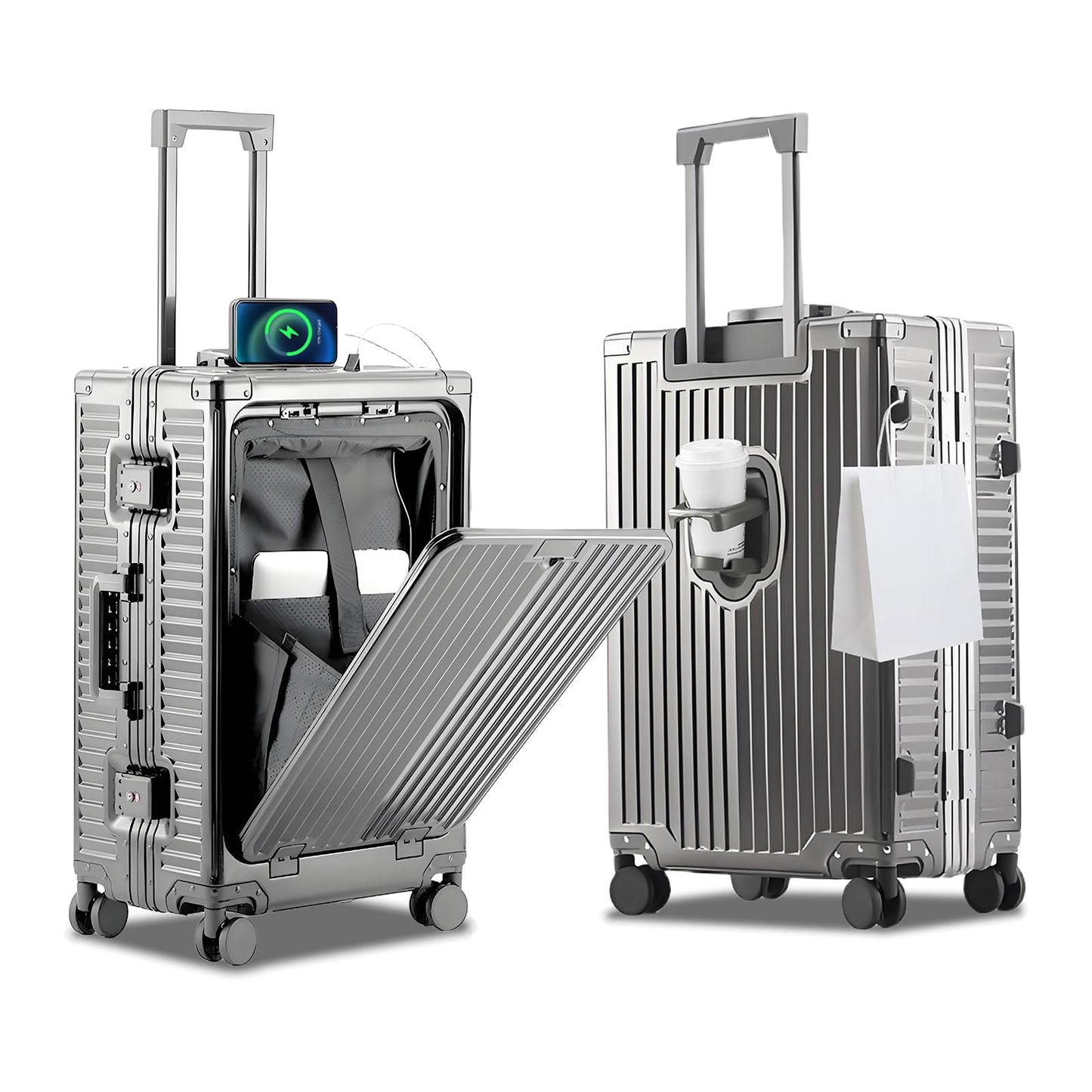YYW All Aluminium Luggage With Spinner Wheels Lightweight PC hardside Rolling Suitcase, Built-In TSA lock Carry on Suitcase, with Cup Holder, USB Port, Phone Holder (Gray,20inch/35x23x55cm)