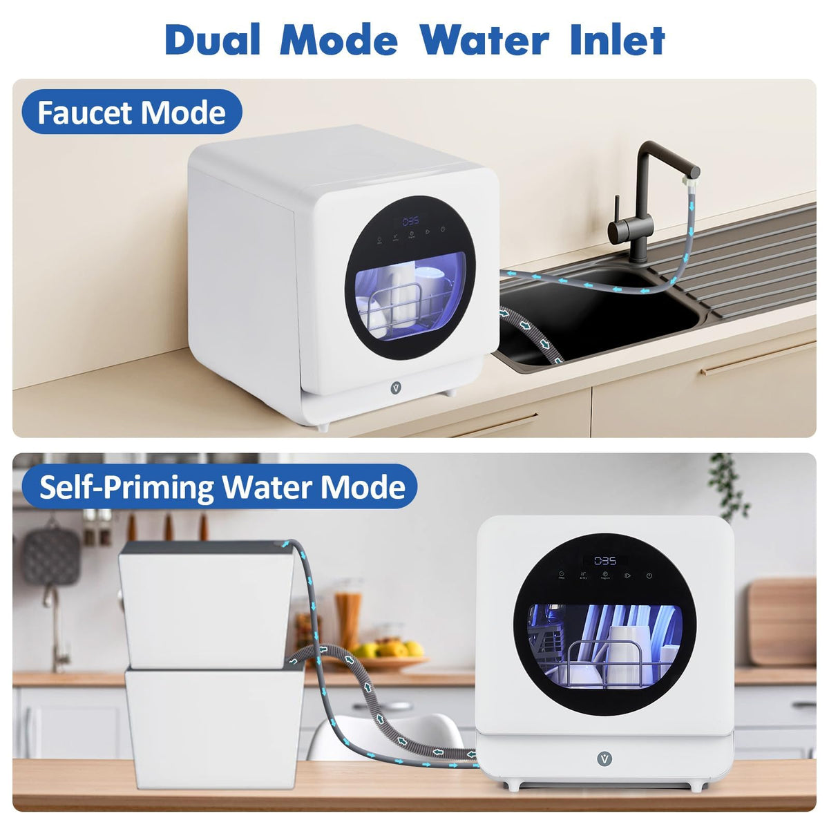 TROPOW Portable Dishwasher Countertop Compact Dishwashers with 5L Built-in Water Tank, Mini Tabletop Dishwasher with 6 Modes, 162°F High-Temp, Air-Dry Function, Faucet & Self-Priming Water Inlet Modes