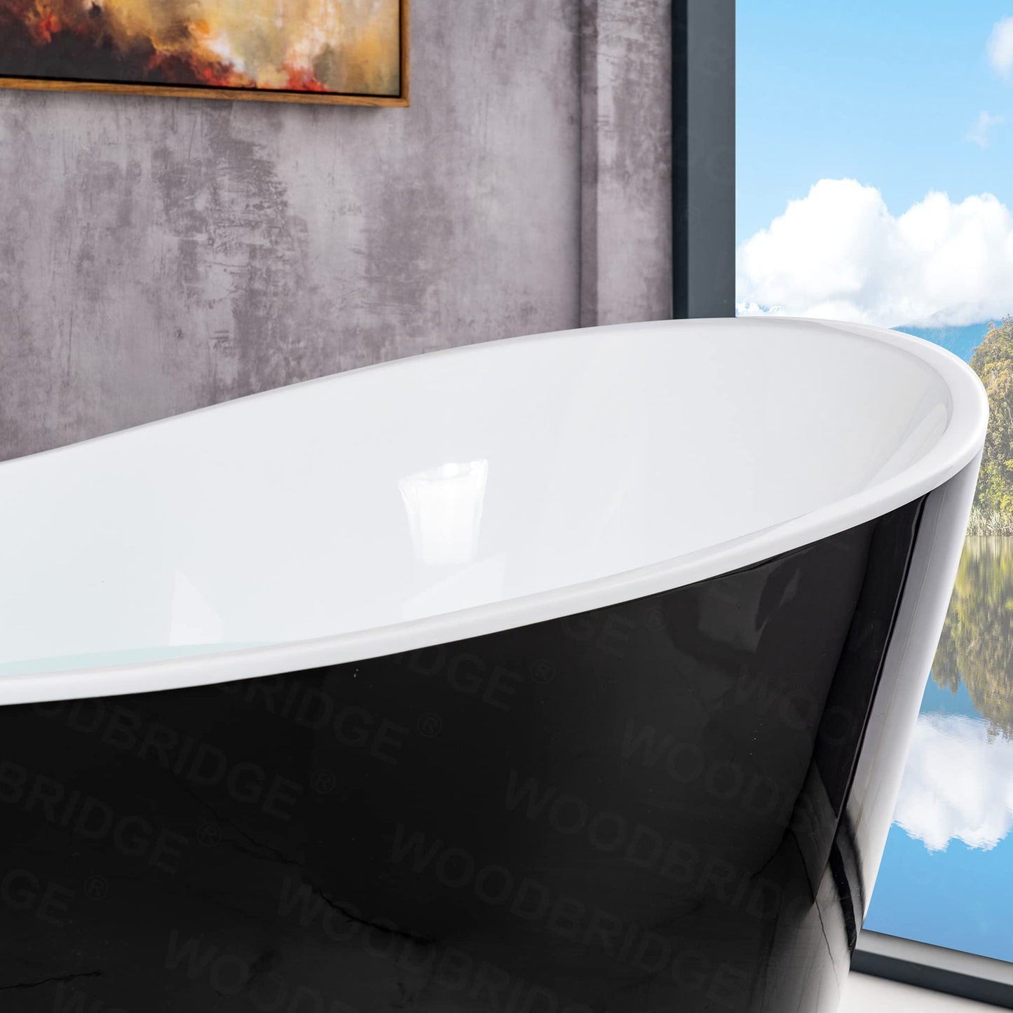 WOODBRIDGE 67" Acrylic Freestanding Bathtub Contemporary Soaking Tub with Matte Black Overflow and Drain,Black,B1815 MB