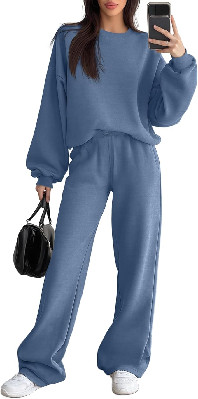 Sweetyweee Women's 2 Piece Outfits Set Fleece Lined Lounge Sweatsuit Crewneck Pullover Top Wide Leg Pants Casual Tracksuit