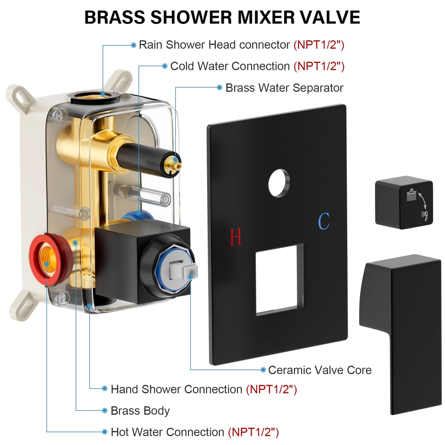 FPXRNG Black Shower Faucet Set, Rainfall Shower System with Square Shower Head and Handle Set, Wall Mounted Shower Fixtures, Full Metal Trim Repair Kit 12 inch Matte Black (With Shower Valve)