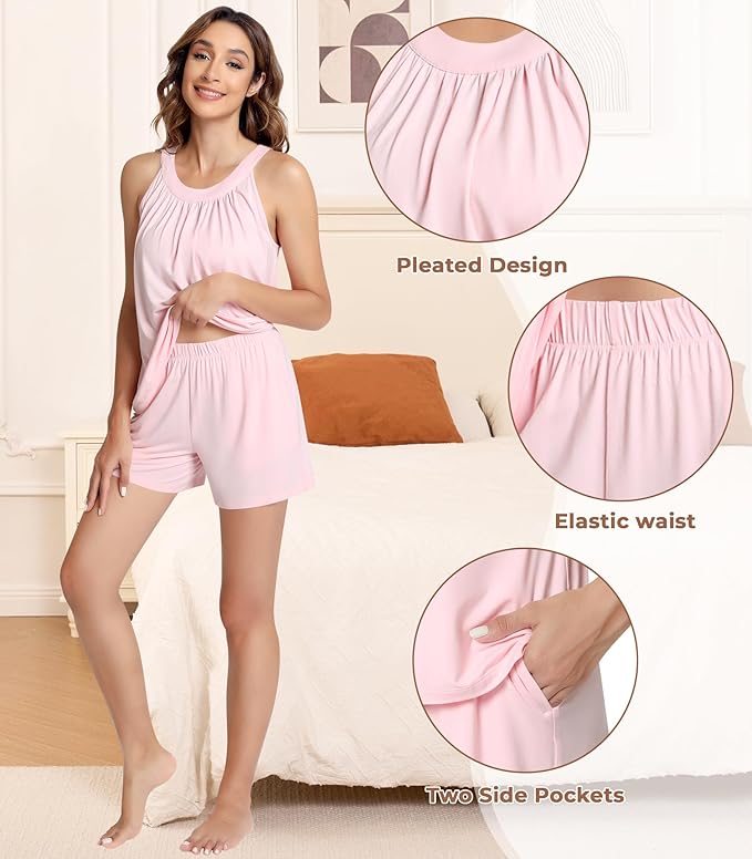 NACHILA Pajamas for Women-Viscose from Bamboo, Ribbed Racerback Tank Top Sexy Split Shorts Pajama Sets Cooling Sleep Cami Pjs