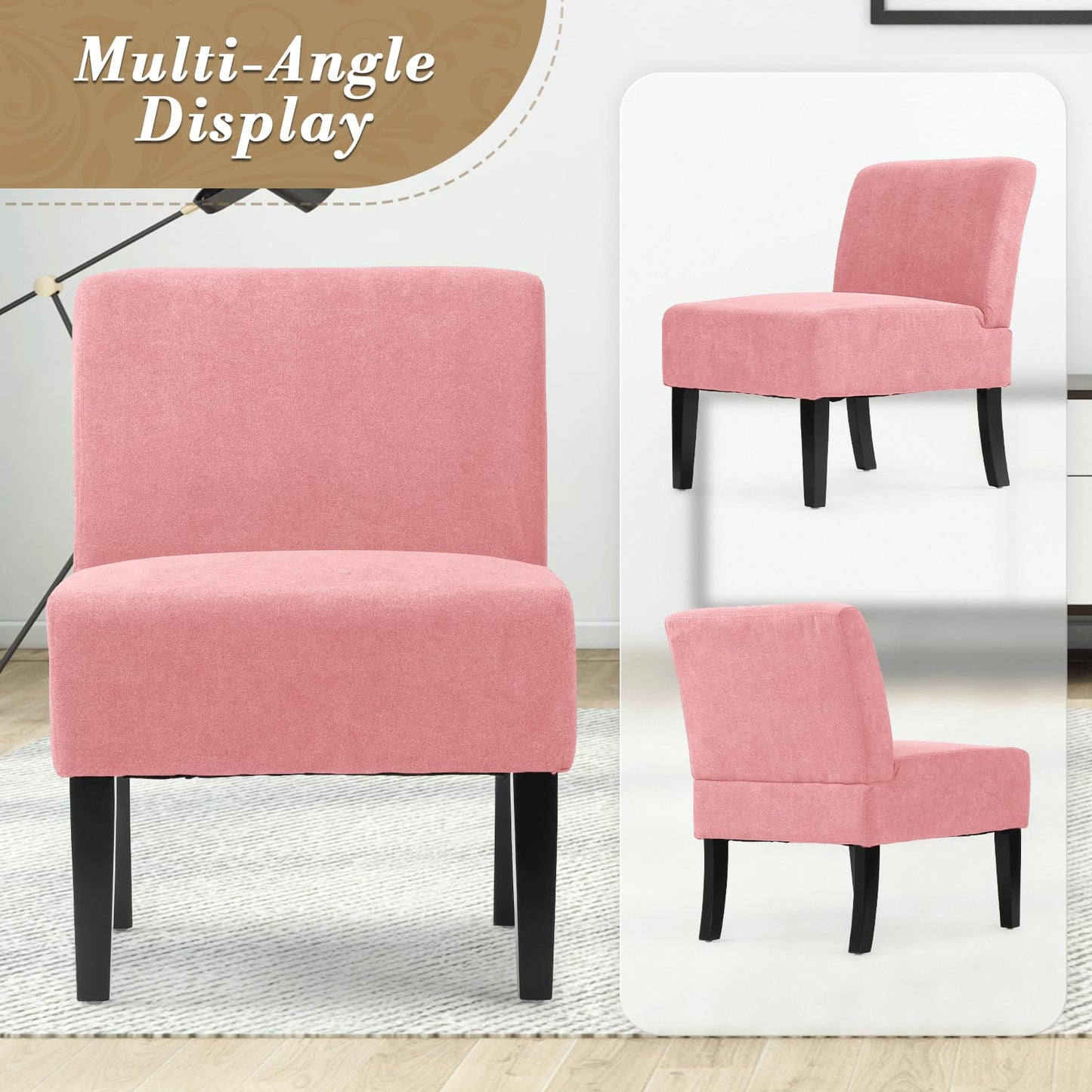 Athena Collection Armless Accent Chairs Set of 2, Comfy Linen Fabric Upholstered Slipper Chair with Wooden Legs for Living Room, Bedroom, Dorm, Balcony, Pink