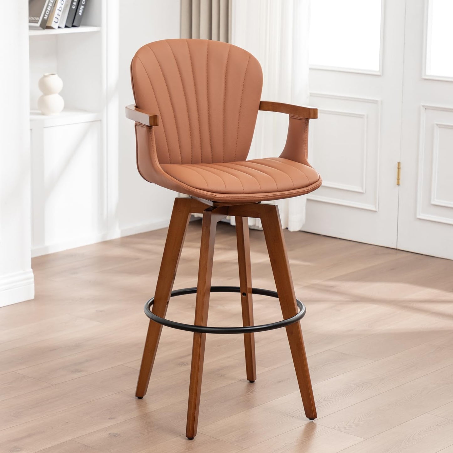 LUNLING 30” Bar Height Stools,Mid Century Modern Bar Stool,Orange PU Leather Kitchen Island Stools,Wood High Barstools Swivel with Back and Arms for Home Bar Furniture,1PCS