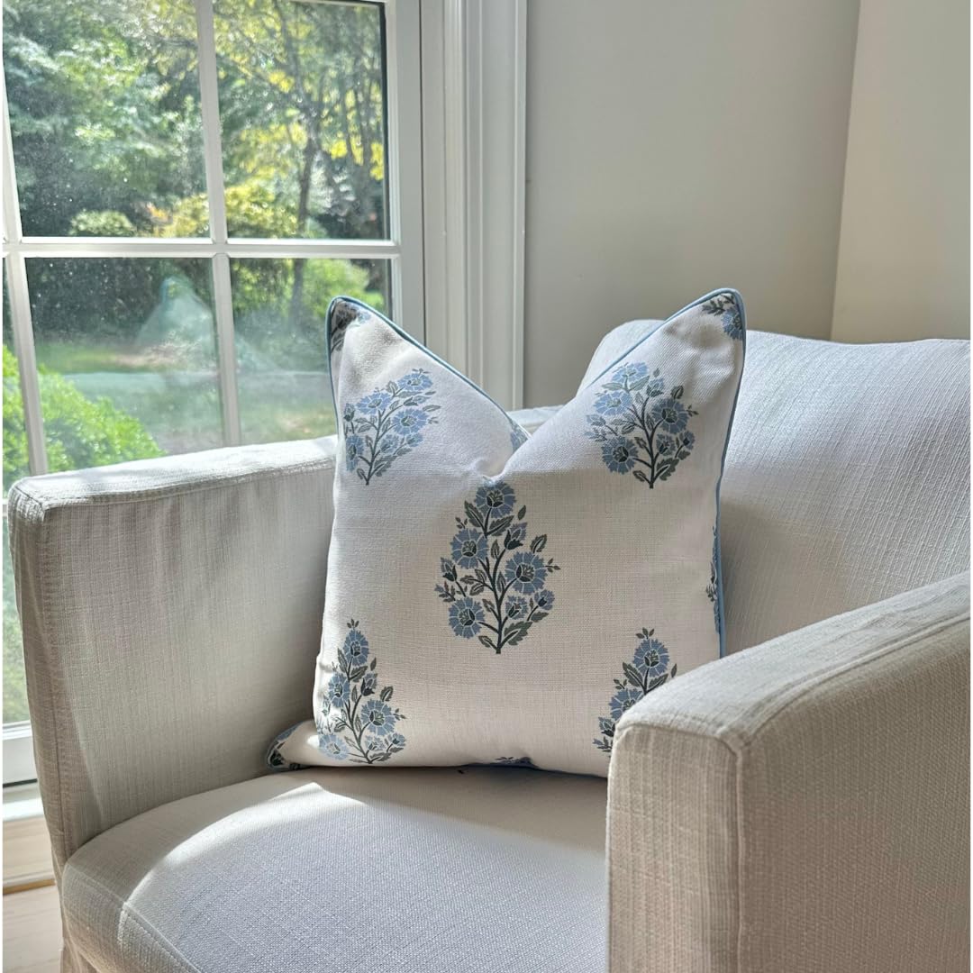 Jillien Harbor “The Camille” Floral Block Print Pillow Cover – Soft Blue and Off-White Decorative Throw Pillow Cover – Grandmillennial Home Decor, 20" x 20"