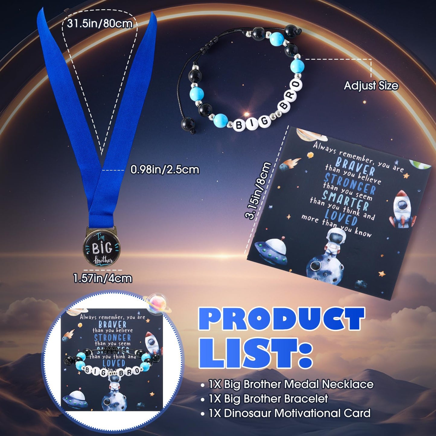 Sieral 4 Pcs Big Brother Gift Sets New Big Brother Tumbler with Straw Beaded Bracelet Medal with Lanyard Inspirational Card Baby Shower Gifts New Baby Birthday Party Favors for Little Boys(Space)