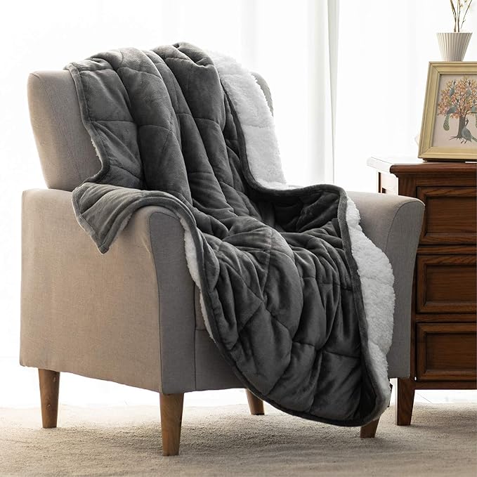 Uttermara Weighted Blanket Queen Size 15lbs 60x80 inches, Soft Plush Fleece, Cozy Warm White Sherpa Snuggle Thick Heavy Blanket Great for Sleep and Calming, Grey