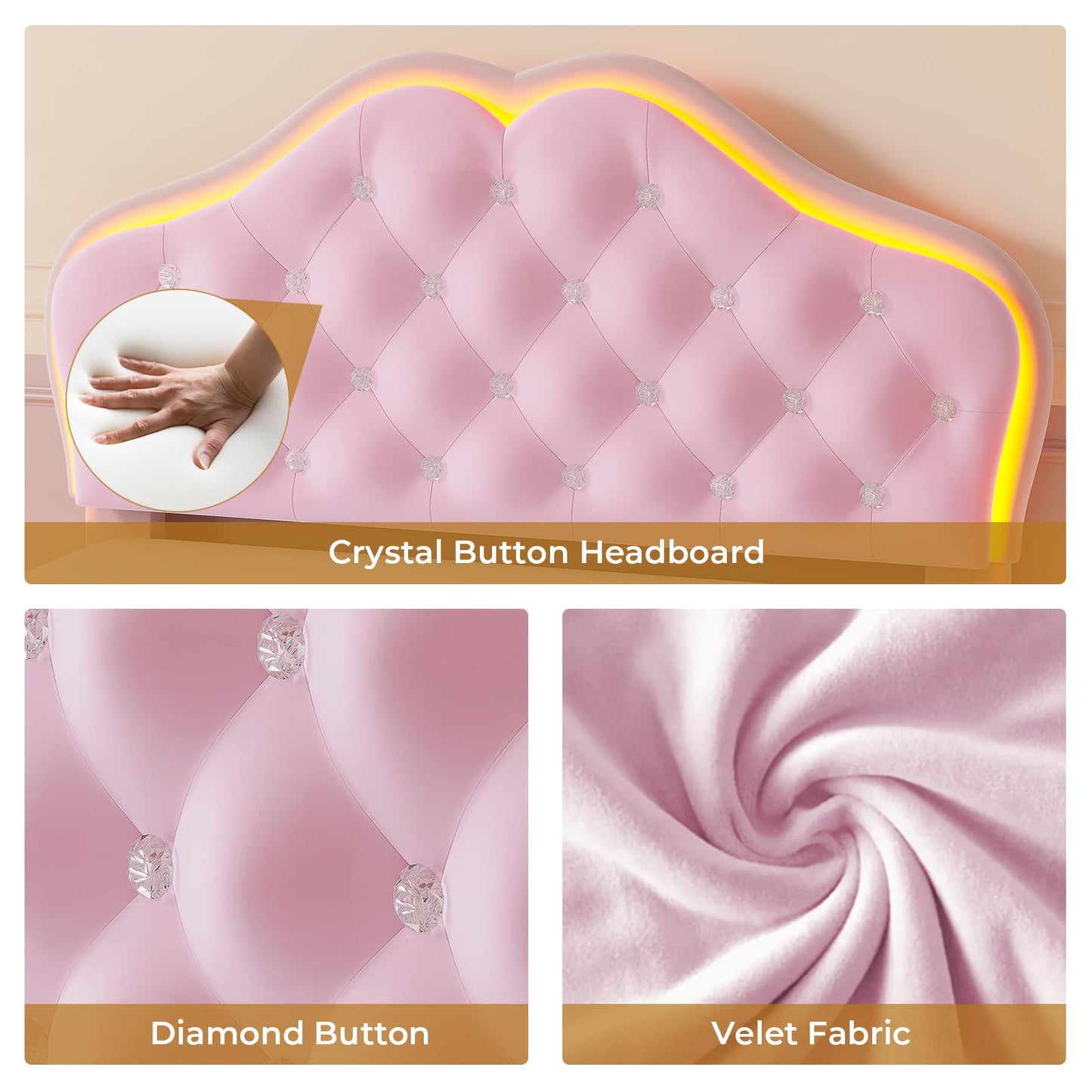 ADORNEVE Twin Size Upholstered LED Bed Frame, Girls Bed with Adjustable Crystal Button Headboard, Velvet Princess Platform Bed for Girls, Solid Wooden Slats, Easy Assembly, Pink