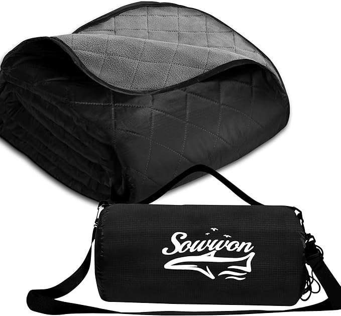 Waterproof Outdoor Blanket Packable, Stadium Blankets for Camping with Sherpa Fleece Lining, Large Windproof Emergency Thr...