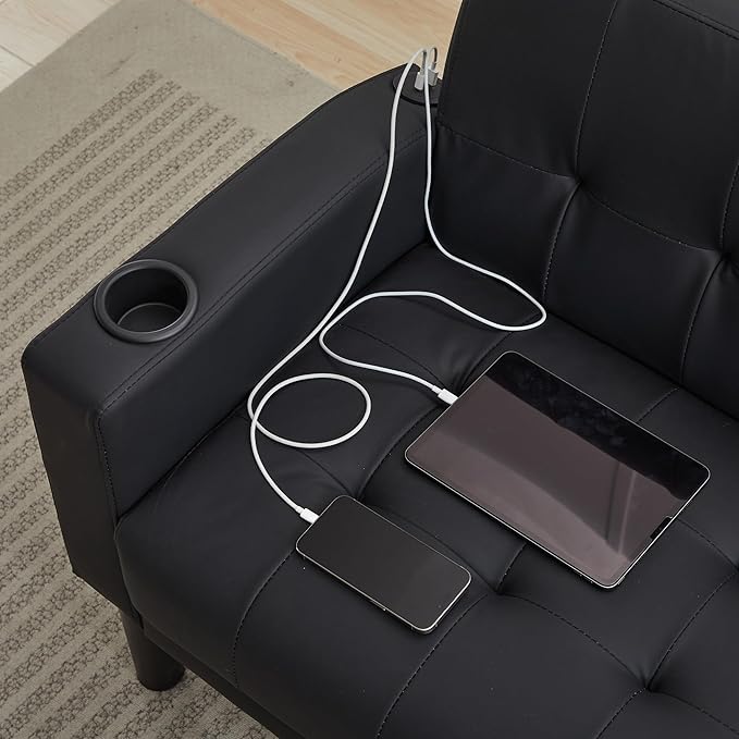 TYBOATLE Sofa Couch 62" W Loveseat w/ 2 USB Charger Ports & 2 Cupholders, Mid-Century Modern Black LeatherTufted Small Love Seat Couches for Office,Compact Living Room,Bedroom,Apartment,Dorm (2)