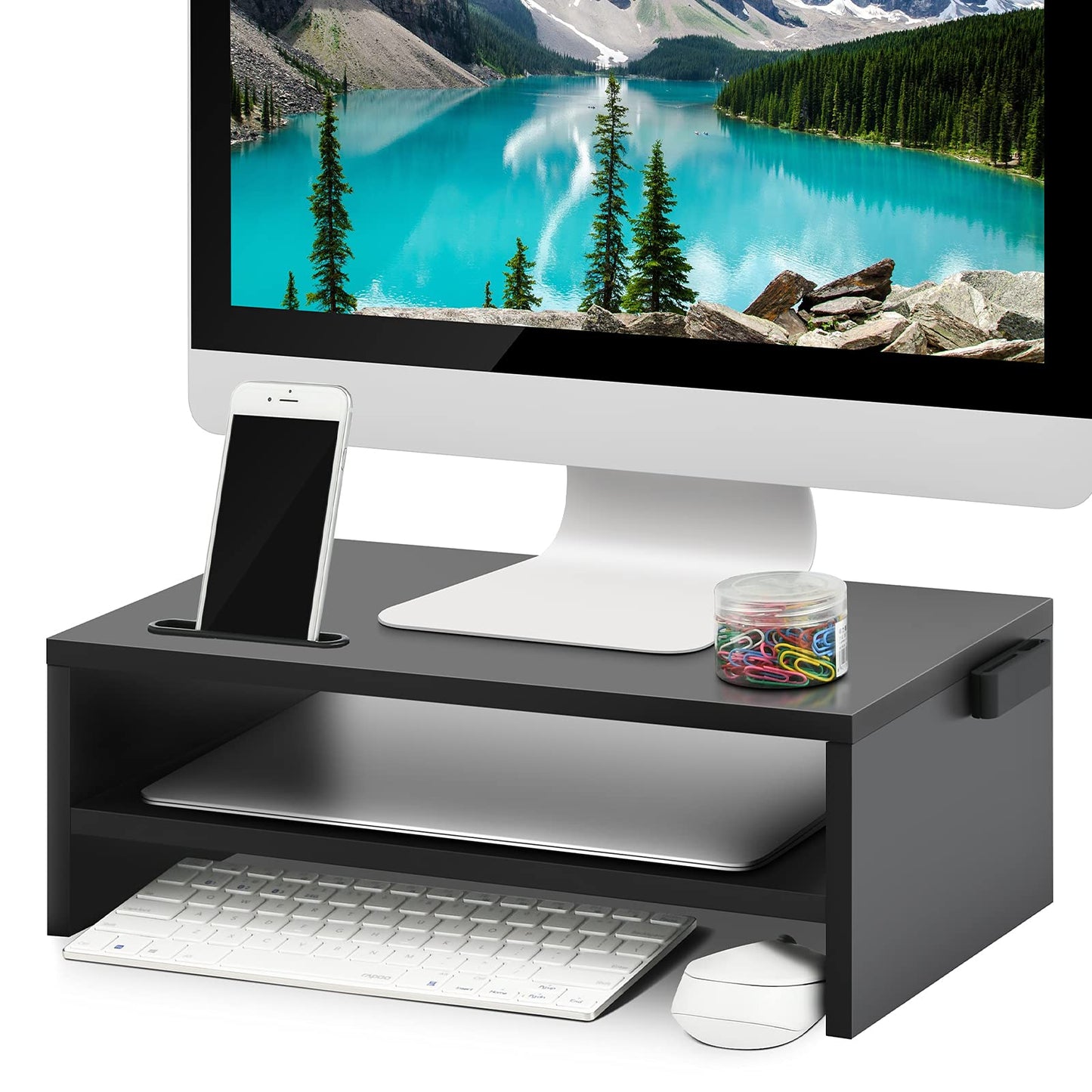 Marbrasse Monitor Stand Riser, 16.5 Inch 2 Tier Computer Printer Shelf Stand for Laptop Computer Screen Storage, Desktop Stand with Phone Holder and Cable Management Black