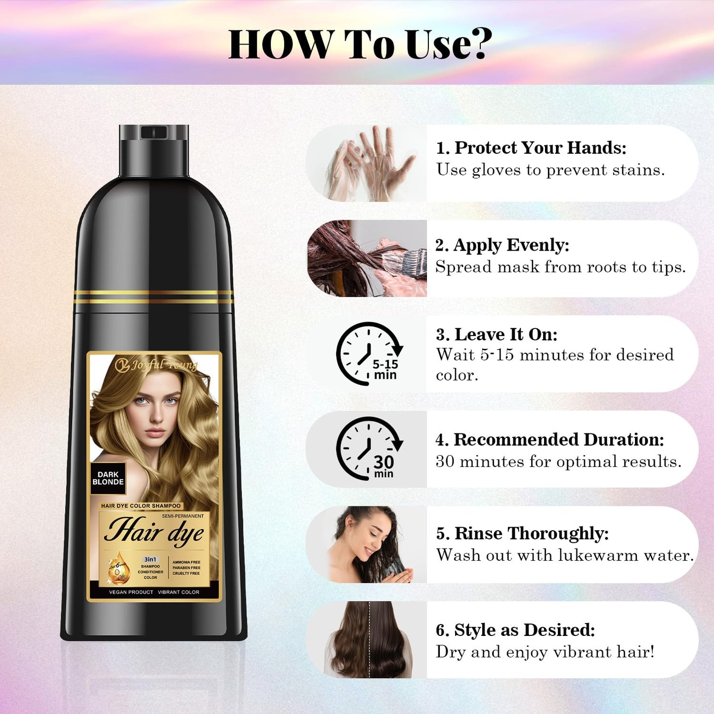 Joyful Young Natural Hair Dye Shampoo 3 IN 1, Gray Hair Coverage, Vegan, Ammonia-Free & Paraben-Free Hair Coloring Shampoo for W