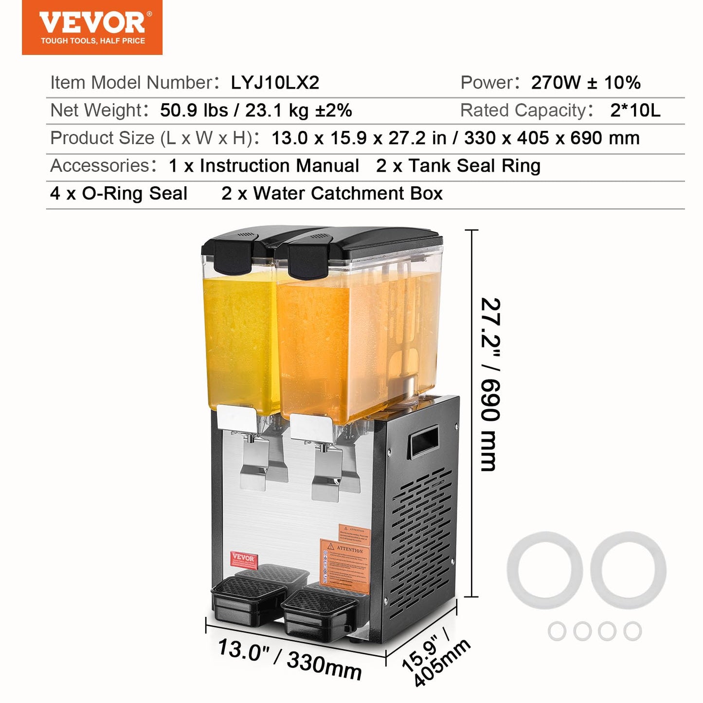 VEVOR Commercial Beverage Dispenser, 2 Tanks 10 L / 10.6 QT Per Tank Juice Dispenser, 270W Stainless Steel Ice Tea Drink Machine with 45°F-54°F Cooling Temperature, for Cold Drink Restaurant Bar Party