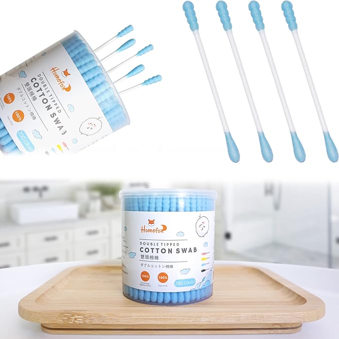 Blue Cotton Swabs Spiral - 200 Count Organic Cotton Buds Double Side Tightly Wrapped Cotton Tips Paper Stick Soft Gentle Lint-Free Cruelty-Free, Round & Spiral (Blue)