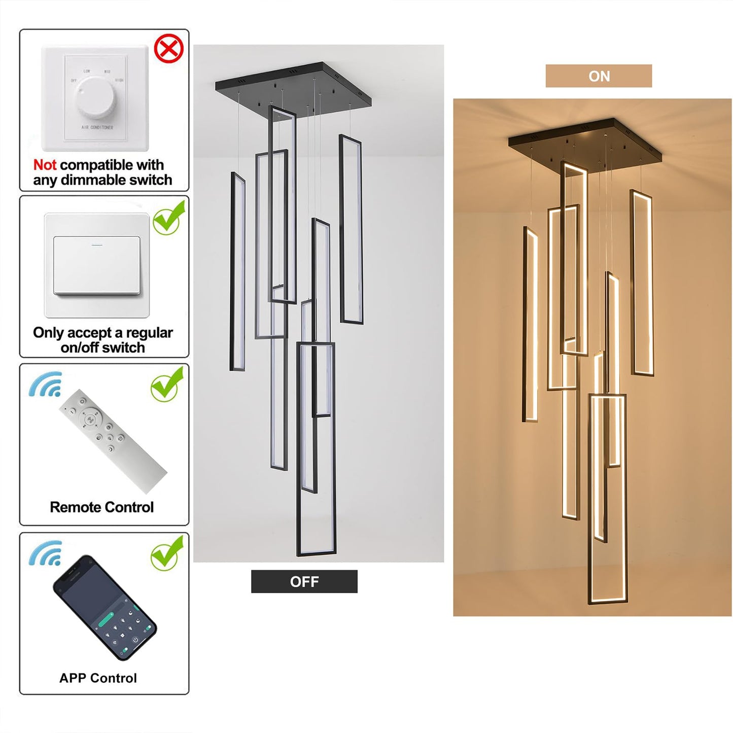 GEADI Foyer Chandelier for High Ceilings, 8-Light Modern Dimmable LED High Ceiling Pendant Light Fixture with Remote Control, Black Large Chandelier for Entryway, 3000-6500K