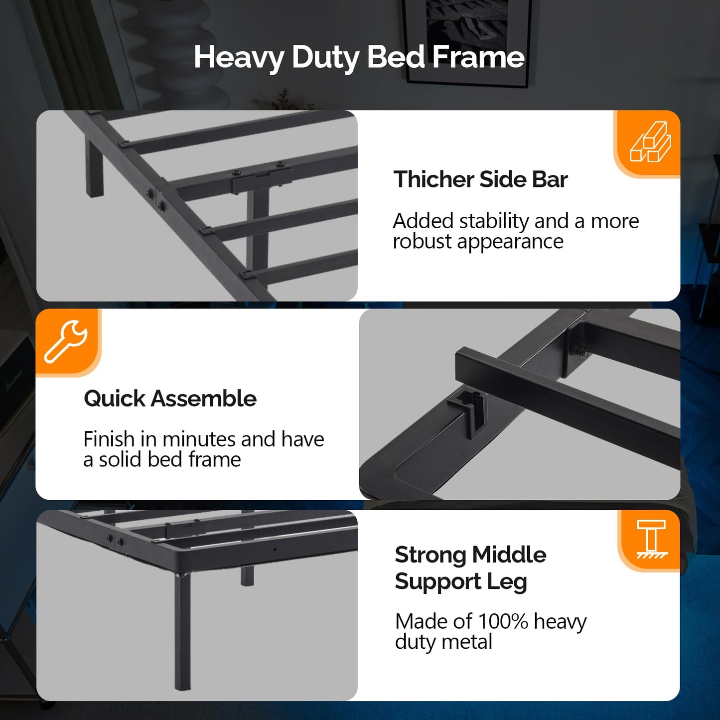 VINGLI Twin Floating Bed Frame with USB Charging Station/LED Lights, 14'' Platform Bed Frame Twin Size Heavy Duty Metal Bed, No Box Spring Needed,Black
