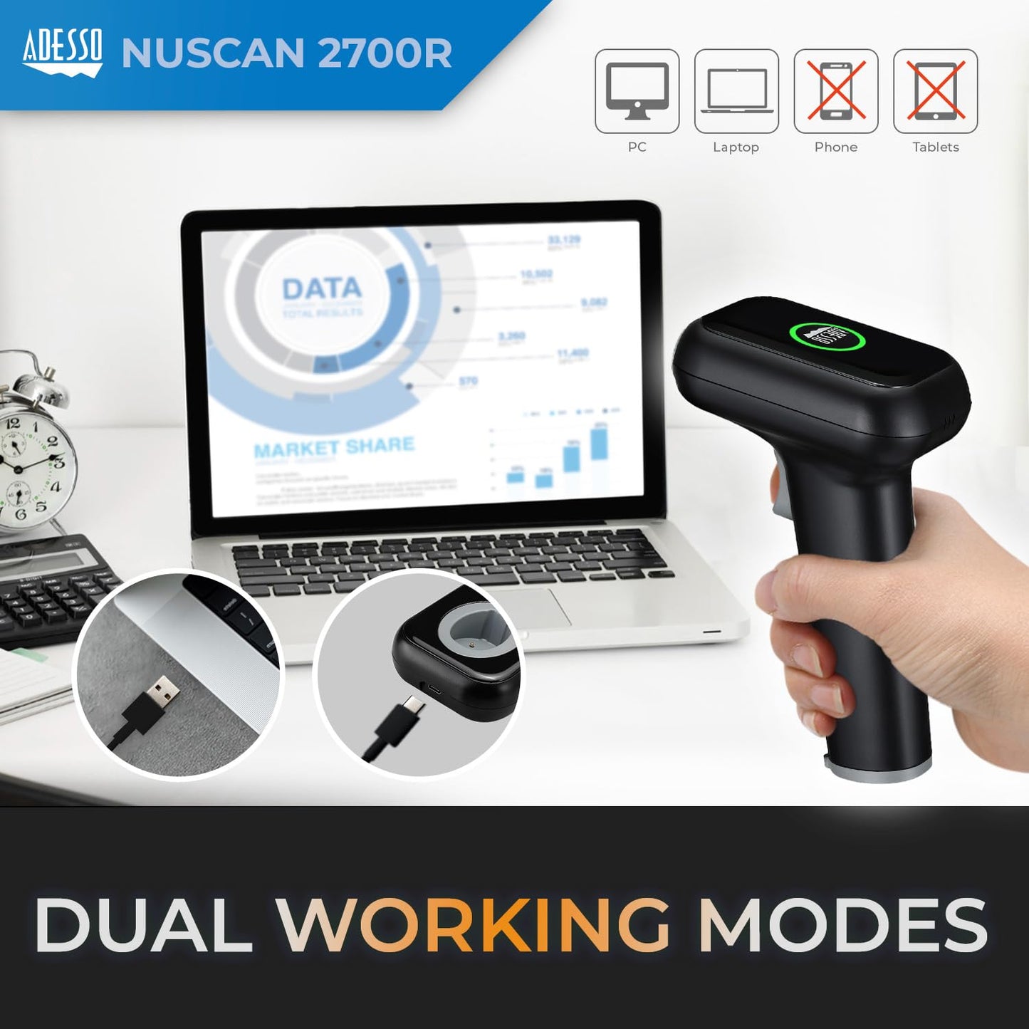 Adesso Nuscan 2700R Wireless Barcode Scanner With Charging Cradle - High-Speed 2D Scanning Engine, 120 Fps, 2.4Ghz Rf Wireless T