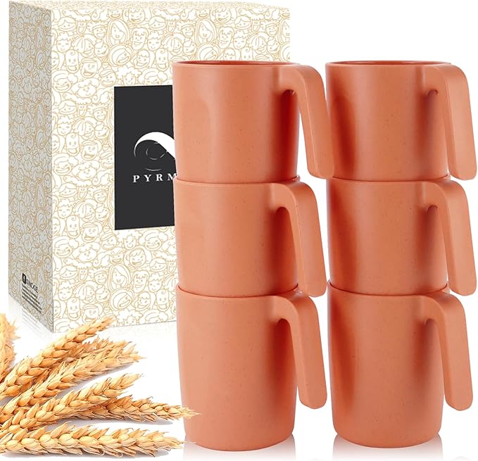PYRMONT Wheat Straw Cups-Reusable Plastic Cups Set of 6,16 oz Cup with Handles for Kitchen,Unbreakable Drinking Cup for Ca...