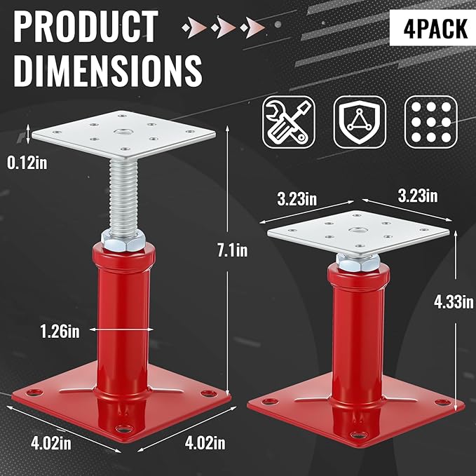 Yaocom 4 Pcs Adjustable Jack Post, 4.3-7 Height Range, Basement Floor House Screw Jacks for Lifting Joist Beam Brace for Cellar Ceiling, Center Point Load Capacity 11023 Lbs, Red