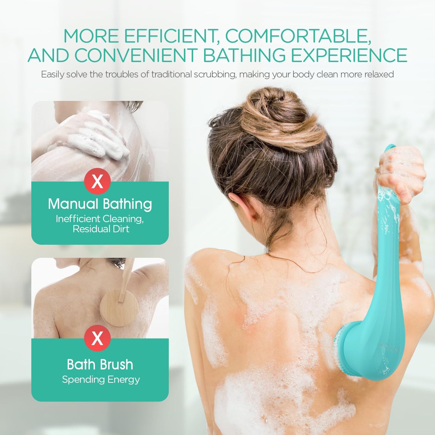 VOYOR Electric Body Brush Back Scrubber Silicone Body Scrubber Two-Way Rotating Brush Head for Deep Cleaning, Exfoliation, 4 Att